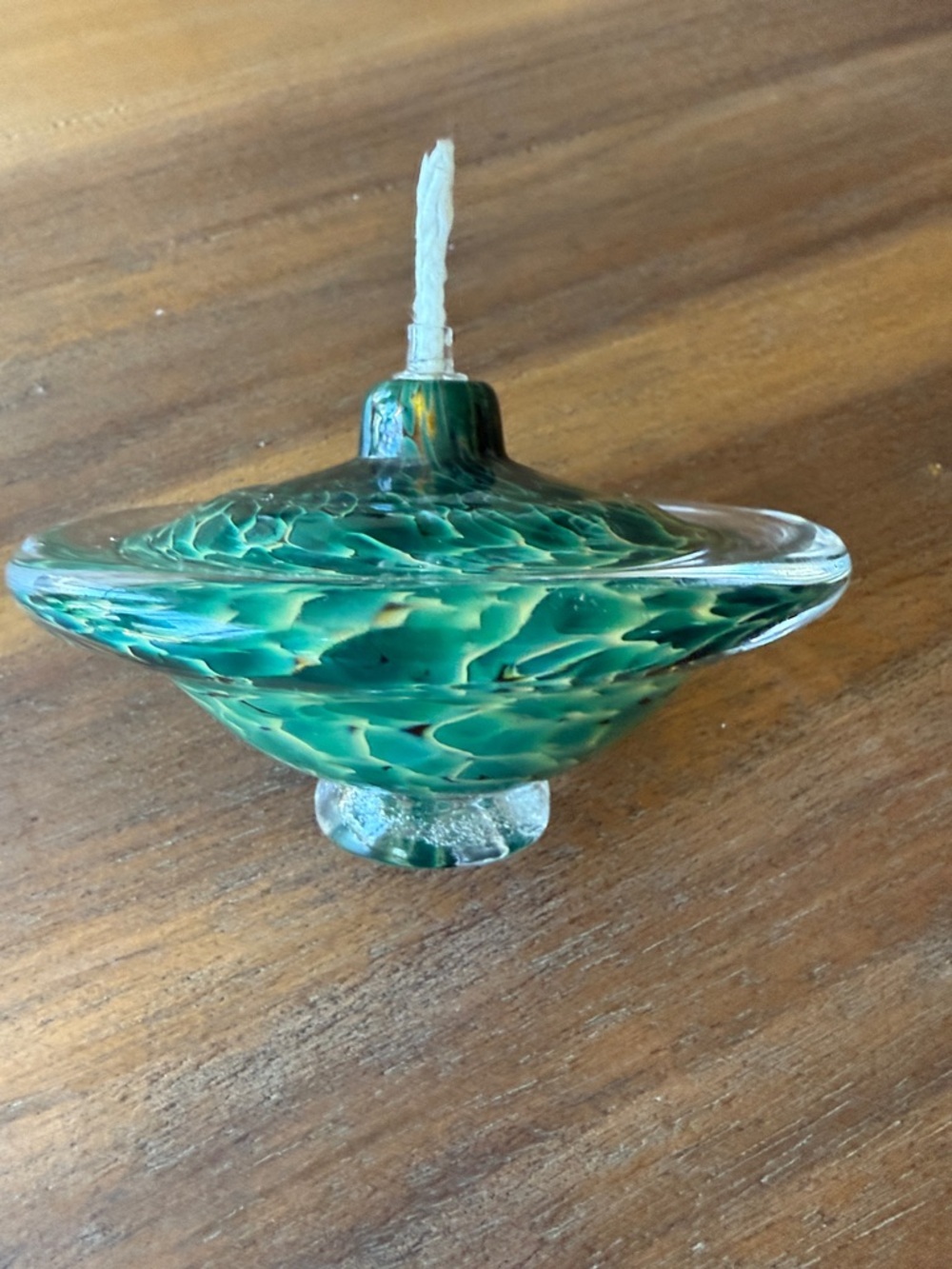 A one of a kind beautiful Handblown Green Glass Oil Lamp with Clear Rim-NWT - Picture 3 of 6